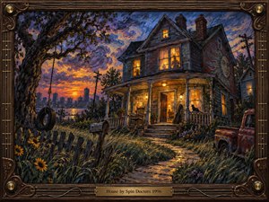 A weathered two-story house glows beside a winding garden path at sunset, beneath swirling violet and orange clouds. A tire swing, crooked fence, old pickup, and distant skyline create nostalgic tension. Expressive oil-painted brushwork contrasts warm windows with cool shadows, enclosed by a carved guitar-inspired frame and brass title plate.
