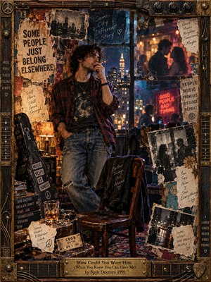 A pensive young man in flannel stands amid torn posters, photographs, and scattered music memorabilia in a dim 1990s loft. Amber lamplight meets cool blue city glow, while distant silhouettes suggest romantic rejection. Textured collage layers, smoky shadows, and an ornate guitar-themed brass frame evoke restless, bittersweet longing.