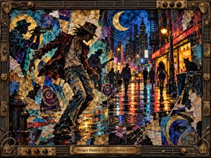 A restless dancer strides through a rain-glossed city street beneath a golden crescent moon. Shadowy musicians, neon storefronts, and distant pedestrians animate the midnight scene. Layered mixed-media collage textures, cobalt blues, fiery amber reflections, and swirling motifs create funky, mysterious energy, enclosed by an ornate guitar-inspired bronze frame and engraved title plate.