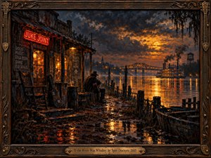 A lone guitarist sits outside a weathered riverside juke joint while amber light shimmers across rain-soaked ground and water. A glowing steamboat and distant bridge emerge beneath dramatic charcoal clouds. Rich oil brushwork, rusty reds, and deep blues create a soulful, nostalgic atmosphere within an ornate wooden frame.