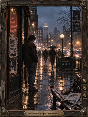 A solitary man stands beneath a storefront awning on a rain-soaked city street, withdrawn as blurred pedestrians pass. Amber streetlights shimmer across wet pavement beneath a blue-gray skyline. Faded posters, an empty bench, and a weathered metal-and-wood frame with a brass title plate deepen the cinematic melancholy.