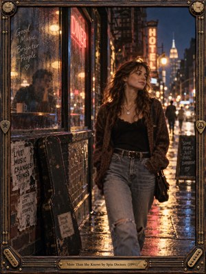 A young woman walks past a rain-speckled diner on a glowing city street, unaware of a contemplative figure behind the glass. Amber neon and cool blue dusk shimmer across wet pavement, while a battered guitar case evokes unspoken longing. Cinematic film grain and a brass-trimmed wooden frame deepen the nostalgic mood.