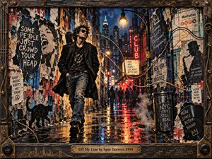 A confident musician strides through a rain-soaked New York alley, surrounded by torn posters, graffiti, and glowing club signs. Curving cables weave through the bustling scene as neon reds, amber, and midnight blues illuminate reflective pavement. Gritty mixed-media textures and a weathered guitar-inspired frame capture rebellious early-nineties energy.