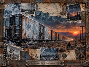 A frost-covered freight train stretches through a barren desert toward an amber sunset, its rusted cars fading into distant mountains. Torn maps, scratched photographs, and weathered paper form a haunting mixed-media collage in icy blues and burnt oranges. A solitary figure watches beside the tracks, enclosed by a riveted industrial frame.