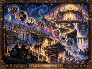 A glowing highway winds through a fantastical midnight city toward a golden concert stage filled with cheering silhouettes. Floating bubbles preserve guitars, records, and musical memories beneath a starry violet sky. Warm amber lights contrast with deep blues, while an ornate bronze guitar-themed frame completes this joyful, nostalgic digital painting.