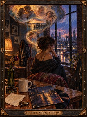 A solitary woman gazes across a rain-soaked city at dusk, surrounded by fading memories swirling through golden light. Expressive oil brushstrokes blend amber warmth with violet-blue shadows, evoking longing and nostalgia. A wilted rose, vinyl record, and empty chair deepen the melancholy, enclosed within an ornate guitar-inspired wooden frame.