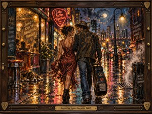 A couple strolls through a rain-soaked city, sharing a playful glance beneath neon signs and warm streetlamps. Crimson, teal, and gold reflections shimmer across wet pavement while steam drifts past glowing storefronts. Expressive oil brushwork gives the romantic scene rhythmic energy, enclosed by a guitar-inspired wooden frame and brass titleplate.