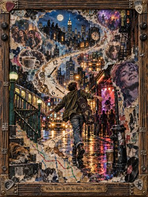 A carefree musician strides through a rain-slick city at night, surrounded by glowing taxis, subway lights, and bustling clubs. Torn clock faces and fleeting memories swirl in an S-curve above him. Electric blues, amber reflections, and purple neon energize the textured collage, enclosed by a weathered, guitar-strung wooden frame.