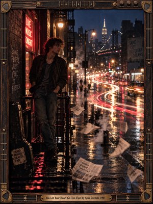 A solitary young man leans beside a rain-soaked city street, caught between reflection and restless motion. Crimson neon and amber streetlights shimmer across midnight-blue pavement as traffic trails curve into the distance. Windblown newspapers and rising steam add urgency. Cinematic photography and an ornate guitar-themed bronze frame evoke nostalgic 1990s rock.