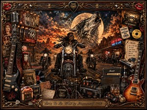 A rugged biker charges down a desert highway beneath a glowing full moon and a towering howling wolf. Fiery sunset clouds, Route 66 signs, motorcycles, guitars, amplifiers, drums, records, and concert memorabilia create a rebellious rock atmosphere. Warm amber lighting, deep shadows, chrome highlights, and ornate vintage framing intensify the dramatic realism.