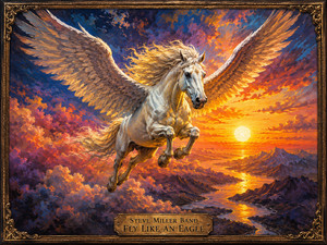 A magnificent white Pegasus flies through radiant sunset clouds above distant mountains and a winding golden river. Its enormous wings catch the fiery orange, purple, and blue light while its mane streams behind it. The richly painted landscape and decorative bronze gold frame evoke freedom, imagination, and the timeless spirit of flight.