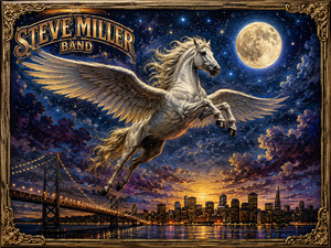 A luminous Pegasus soars above a moonlit waterfront city and illuminated suspension bridge. Stars fill the deep blue sky while purple clouds gather around the glowing skyline. The winged horse dominates the composition with grace and strength, creating a dreamlike fusion of urban nightlife, cosmic wonder, and classic fantasy rock imagery.