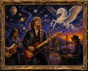 The band performs against a spectacular cosmic backdrop filled with planets, galaxies, and a soaring white Pegasus. The central guitarist sings beneath the night sky while the bassist, drummer, and keyboardist surround him. Warm city lights and a distant bridge contrast with the celestial colors, producing a vivid and energetic painted concert scene.
