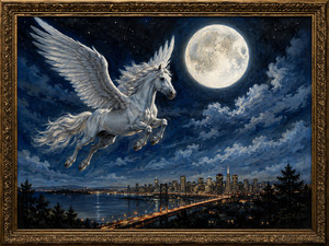 A graceful white Pegasus flies through moonlit clouds above a glowing waterfront city. The full moon illuminates its extended wings while bridge lights and skyscrapers shimmer across the dark water below. Surrounded by an elaborate antique frame, the painting combines peaceful fantasy, urban beauty, and a powerful feeling of escape into the night.