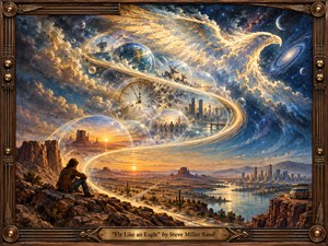 A luminous cosmic eagle rises from a sweeping S-curve of golden light above a desert landscape, distant city, reflective water, and glowing memory-like spheres. Deep blues, amber, bronze, and violet create a dreamy 1970s atmosphere, while a contemplative figure, celestial textures, and ornate wood-and-metal framing suggest freedom, time, and transcendence.