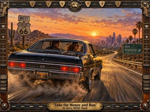 A black vintage muscle car races along a desert highway toward a distant city at sunset, evoking freedom, urgency, and reckless escape. Warm orange skies contrast with dark reflective metal, dusty road textures, and glowing taillights. A richly detailed guitar-inspired frame, Route 66 signage, and brass title plate reinforce the rebellious 1970s atmosphere.