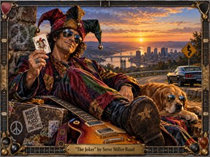 A carefree jester lounges beside an electric guitar and sunglasses-wearing dog above a glowing city at sunset, holding a Joker card with playful confidence. Warm oranges, deep reds, greens, and worn textures create a nostalgic 1970s rock atmosphere, framed by guitar strings, hardware, road imagery, vintage luggage, and handcrafted decorative details.