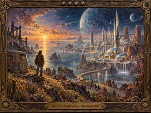 An ornate retro futurist painting shows a lone traveler beside a flower painted van on a rocky cliff, gazing across glowing water toward a gleaming domed city beneath giant planets. Warm sunset gold meets cool cosmic blue, while winding bridges, waterfalls, and celestial skies create a hopeful, dreamlike, psychedelic mood.