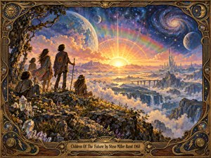 Five young figures overlook a radiant cosmic valley at sunrise, surrounded by wildflowers, crystals, waterfalls, distant spires, planets, and a swirling galaxy. Warm gold light meets deep blue and violet space, creating a hopeful, mystical mood. Rich psychedelic painting textures and an ornate wood-and-brass frame evoke 1968 counterculture art.