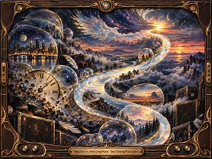 A luminous cosmic river sweeps in an S-curve through mountains, forests, oceans, and glowing memory spheres beneath a star-filled sky. Warm gold, deep blue, and violet light create a dreamlike sense of freedom and time passing. Ornate bronze framing, feathers, clocks, records, and rugged textures enrich the handcrafted fantasy.