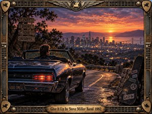 A lone driver pauses on a winding overlook above a glowing city at sunset, surrounded by rugged mountains and reflective pavement. Warm orange skies contrast with cool metallic blues, while weathered signs, a guitar case, and an ornate instrument-inspired frame create a nostalgic, liberating rock atmosphere rendered in richly detailed cinematic painting.
