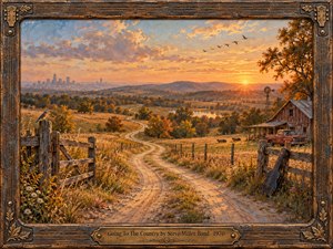 A warm rural sunset stretches across rolling fields, winding dirt roads, fences, autumn trees, a weathered barn, windmill, cattle, and an old pickup truck. Golden-orange light fills the sky while a distant city fades on the horizon. Detailed painterly textures, rustic framing, and a leaning guitar create a nostalgic country-rock mood.