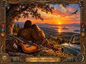 A warmly painted 1970s scene shows a young couple embracing on a rocky overlook beside a guitar and vintage convertible. Golden sunset light floods a mountain valley and reflective water below. Rich oranges, browns, teal accents, wildflowers, carved wood, and ornate musical framing create a nostalgic, romantic, handcrafted atmosphere.