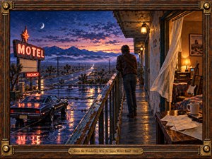 A solitary man stands on a rain-slick motel balcony at twilight, staring toward a distant highway and mountains. Cool blue and violet skies contrast with warm amber room light, neon reflections, a classic car, and a leaning guitar. Painterly textures, wet surfaces, and a handcrafted wood-and-brass frame deepen the reflective mood.