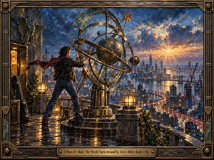 A lone man braces against a giant armillary on a rooftop terrace above a glowing city at sunrise. Warm gold light cuts through blue clouds, reflecting on wet stone and bronze metalwork. The oil painted scene feels hopeful and dramatic, framed by ornate musical details and a polished engraved title plate.