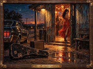 A glowing roadside dance hall at dusk frames an enigmatic woman in a flowing red dress, surrounded by weathered wood, a vintage car, guitar case, amplifier, and wet reflective ground. Warm amber light contrasts with deep blue twilight, creating a nostalgic, restless blues-rock mood in richly textured, cinematic oil-painting style.