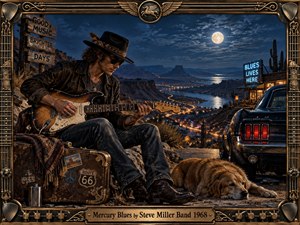 A lone guitarist rests beside a vintage car and weathered case above a moonlit desert valley, creating a reflective blues-rock atmosphere. Deep indigo skies, warm road lights, rugged textures, and metallic frame details surround the scene. Rich oil-painted surfaces, glowing highlights, and nostalgic roadside elements suggest freedom, longing, and restless travel.