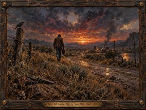 A lone traveler walks toward a distant frontier town beneath a fiery storm-darkened sunset, leaving a discarded revolver in the rocky foreground. Amber light reflects across muddy tracks and water while smoke rises beyond. Rich oil-paint textures, weathered wood, metalwork, and a perched raven deepen the somber antiwar mood.