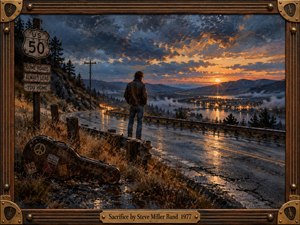 A lone traveler stands beside a rain-slick mountain highway at sunset, overlooking a misty valley, glowing town lights, and reflective water. Deep blues and storm grays contrast with warm orange light. Thick oil-paint textures, a weathered guitar case, roadside signs, and an ornate guitar-inspired frame create a reflective, bittersweet mood.