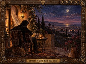 A lone guitarist sits on a warmly lit terrace overlooking a sprawling city beneath a crescent moon, creating a reflective, romantic mood. Deep blues, amber lantern light, flowering vines, distant mountains, and glowing streets form a richly textured oil-painted scene, framed with carved wood, guitar strings, brass details, and vintage ornament.
