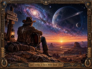 A lone cowboy musician rests above a vast desert canyon as sunset burns orange beneath a star-filled cosmic sky. A glowing galaxy, giant planet, moons, and sleek spacecraft create a surreal frontier mood. Rich bronze, leather, wood, turquoise, and lantern light enhance the detailed handcrafted frame and cinematic atmosphere.