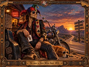A relaxed jester-like traveler rests beside a chrome motorcycle on a desert highway at sunset, surrounded by a weathered guitar case, roadside bar, and playful signs. Warm orange and violet skies, neon glow, rugged textures, and ornate guitar-themed framing create a carefree, rebellious 1970s rock atmosphere.
