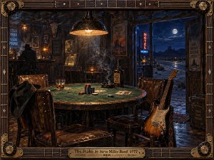 A smoky roadside roadhouse glows beneath warm amber light, centered on a worn green poker table, scattered cards, chips, whiskey, and a battered electric guitar. Cool moonlight and neon spill through the open doorway onto a lonely desert highway. Rich oil textures, weathered wood, brass, leather, smoke, and deep indigo shadows create tense late-night nostalgia.