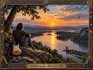 A lone musician sits beside an electric guitar on a rocky overlook, watching a broad river wind through forested islands toward distant mountains at sunset. Warm gold and orange light reflects across the water beneath dramatic clouds. A richly carved guitar-themed frame and engraved brass title plate complete the nostalgic painted scene.