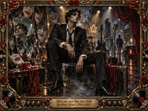 A brooding man in a rumpled black suit sits amid shattered mirrors, red-lipped masks, roses, instruments, and smoky city lights. Rich charcoal, burgundy, gold, and chrome tones glow beneath dramatic spotlights. Painterly oil textures, wet reflections, and an ornate rock-themed frame create a seductive, haunted atmosphere of glamour, isolation, and concealed vulnerability.