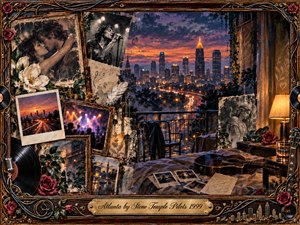 A nostalgic twilight collage overlooks Atlantas glowing skyline from an intimate, timeworn room. Vintage photographs of romance, performance, and city streets surround an acoustic guitar, roses, records, handwritten memories, and warm lamplight. Deep blues, amber, crimson, and gold blend through painterly textures, creating a tender, melancholy atmosphere framed by ornate musical details.
