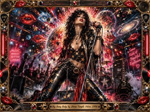 A glamorous rock singer commands a cosmic stage, gripping a microphone amid exploding stars, glowing planets, red lips, guitars, amplifiers, and cheering silhouettes. Saturated reds, pinks, blues, black, chrome, and gold blaze under neon lighting. Painterly textures, swirling energy, smoke, glitter, and an ornate musical frame create a seductive, explosive mood.