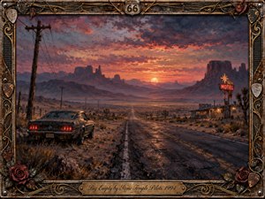 A lonely vintage muscle car rests beside an empty desert highway stretching toward distant mesas beneath a fiery sunset. A glowing roadside motel adds faded warmth to the melancholy scene. Dusty oranges, crimson, violet, and charcoal blend in textured painterly layers, framed by weathered chrome, guitar strings, roses, picks, and Route 66 details.