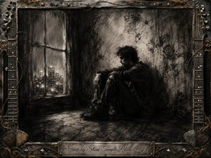 A solitary man sits curled against a cracked, shadowy wall beside a rain-streaked window overlooking distant city lights. Deep charcoal textures, smoky blacks, muted grays, and soft highlights create a brooding, introspective mood. An ornate guitar-inspired metal frame with gold accents surrounds the scene, finished by an engraved title plate.