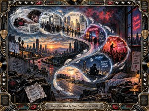 A swirling S-curve of feathered memory bubbles carries the week from weary Monday to reflective Sunday across a glowing cityscape. Deep blues, smoky grays, fiery reds, and sunset golds create a restless, nostalgic mood. Painterly textures, concert scenes, highways, guitars, vinyl records, and ornate chrome-and-gold framing reinforce the rock-inspired atmosphere.