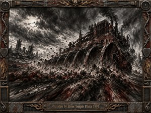 A colossal rusted plow machine tears through a bleak industrial wasteland beneath a turbulent charcoal sky. Black, gray, iron red, and tarnished bronze dominate the dramatic scene, lit by a pale moon. Deep textured charcoal and painterly strokes create aggressive motion, while the metal frame features strings, speakers, flames, rivets, and an engraved title plate.