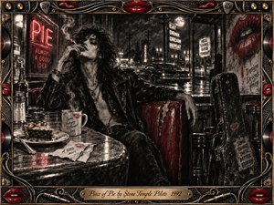 A brooding rocker lounges in a worn diner booth, smoking beside a half-eaten slice of pie as rain glistens outside. Charcoal-black textures, muted chrome, deep reds, and neon highlights create a gritty nocturnal mood. Ornate musical hardware, vinyl records, red lips, and engraved detailing frame the cinematic, rebellious composition.