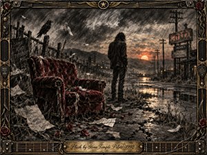 A solitary figure faces a fading sunset beside a battered crimson armchair on a desolate roadside. Deep charcoal textures, smoky grays, muted reds, and warm amber light create a brooding grunge atmosphere. Ravens, drifting feathers, wilted roses, cracked pavement, motel signs, and guitar-inspired metal framing deepen the haunting sense of memory and isolation.