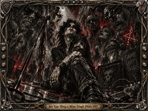 A brooding grunge rocker crouches amid a chaotic, shadowy crowd, surrounded by fractured faces, stage debris, and crimson streaks. Deep charcoal textures dominate the composition, with harsh black, gray, rust, and blood-red tones under stark theatrical lighting. An ornate metallic frame of wires, knobs, and guitar hardware intensifies the raw, confrontational mood.