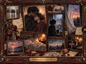 A nostalgic romantic collage fills an ornate rosewood and gold frame, blending intimate embraces, rain-streaked solitude, rumpled bedding, sunsets, roses, records, and handwritten memories. Warm amber lamps contrast with dusky blues and crimson accents. Painterly oil, acrylic, and watercolor textures create a tender, melancholy atmosphere of enduring love and fading remembrance.