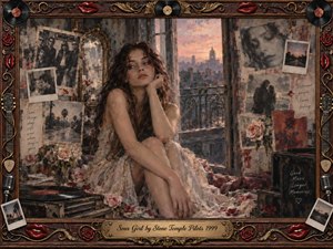 A wistful young woman sits in a decaying vintage music room, surrounded by faded photographs, roses, records, guitars, and handwritten memories. Warm sunset light spills through an open window, blending muted browns, creams, dusty reds, and gold. Painterly textures, ornate framing, and nostalgic details create a melancholic, romantic atmosphere.